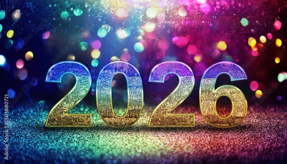 Aufkleber sparkling 2026 new year celebration with glitter gold numbers on colorful bokeh background for festi