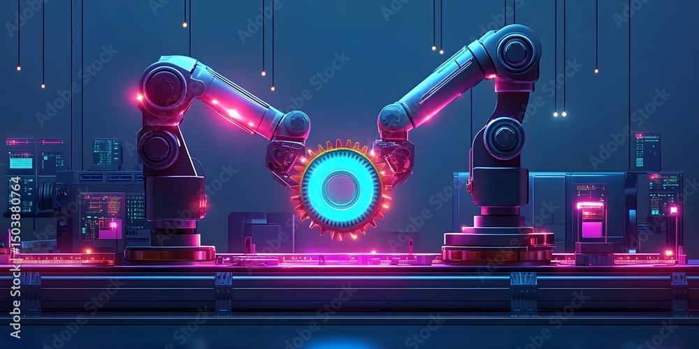 Aufkleber futuristic robotic arms working together on a high-tech assembly line