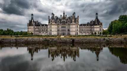 Panoramic view of majestic French castle with spires reflected in tranquil waters. Overcast sky enhances timeless elegance of historic architecture.
