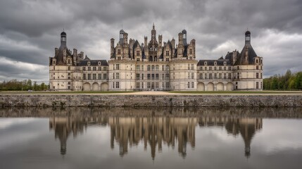 Panoramic view of majestic French castle with spires reflected in tranquil waters. Overcast sky enhances timeless elegance of historic architecture.