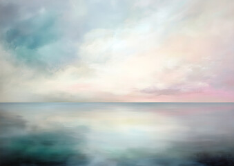 Fototapeta premium Dreamy abstract seascape painting with soft pastel colors, ocean horizon and gentle sky reflections, perfect for interior design, wall art, serenity themes and meditative digital backgrounds