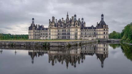 Obraz premium Panoramic view of majestic French castle with spires reflected in tranquil waters. Overcast sky enhances timeless elegance of historic architecture.