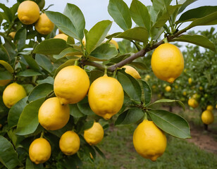 Fresh lemons are on the tree in a lemon farm. They are ready to be picked up by farmers and marketed. The weather is sunny and fresh. Fresh lemon garden in summer. 