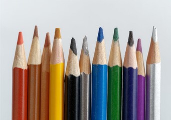 Fototapeta premium Set of ten identical colored pencils aligned on white background. Minimalist monochromatic stationery concept with uniform color presentation.