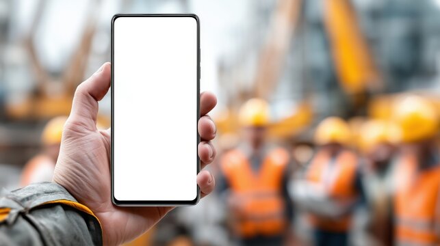 hand holding phone, blank white screen, Construction workers  background, clean lighting