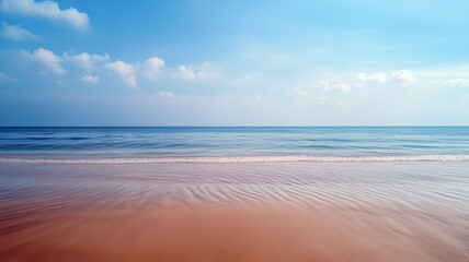 Tranquil ocean horizon under clear blue sky with calm waves and soft sandy beach in peaceful daylight scenery for meditation, relaxation, vacation or travel and nature-themed backgrounds