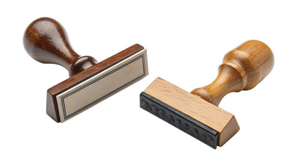 Two wooden rubber stamps for business and office use on transparent background