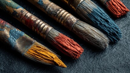 Fototapeta premium Paintbrushes with Paint on Dark Surface