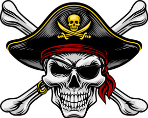 Pirate skull crossbones wearing a tricorn captain hat with crossing bones. In a vintage retro woodcut style.