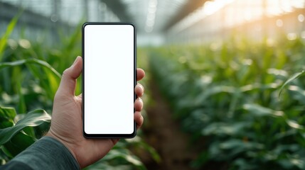 hand holding phone with blank white screen. blur green house background, clean lighting