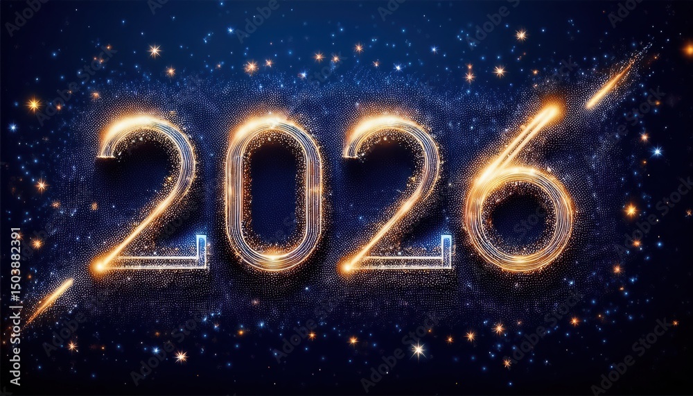 Poster glowing 2026 new year numbers formed by sparkling light particles on a cosmic blue background for ce