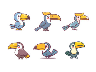 Cute Hornbill Cartoon Vector Set – Adorable Tropical Bird Characters in Kawaii Style for Kids, Jungle Themes, and Wildlife Illustration Projects