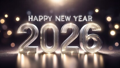  glowing glass 2026 new year text with festive bokeh lights on dark background for luxury celebration poster, website banner, event flyer, or digital greeting card design