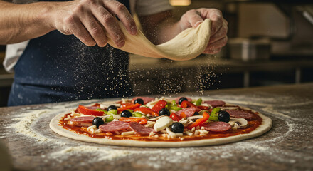 A chef preparing a pizza by stretching the dough and adding flour over the pizza with toppings ready