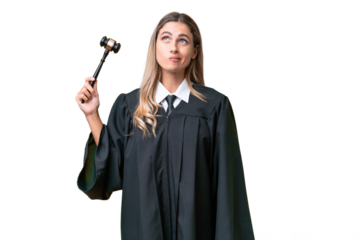 Judge Uruguayan woman over isolated background and looking up