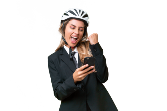 Business Uruguayan woman wearing a helmet biker over isolated background with phone in victory position
