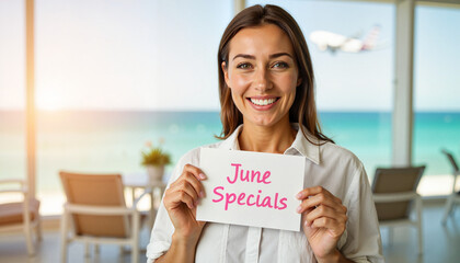 Young woman smiling while holding sign for June specials by the seaside  