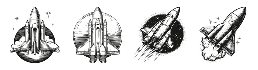 Retro Space Shuttle Illustrations with Rocket Ships and Launch Designs