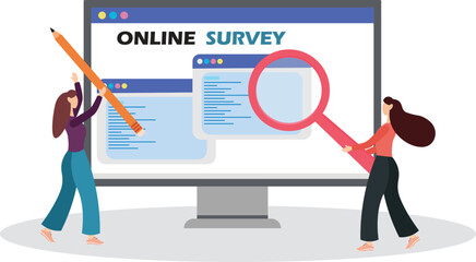 Online Survey, Customer Feedback, Service Rate, Voting Concept. Tiny Male and Female Characters with Pencil and Magnifier Filling Digital Form on Huge Laptop Screen. Cartoon People Vector Illustration