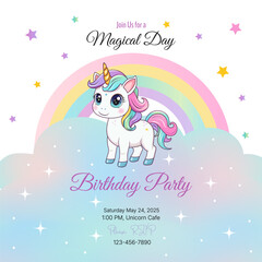 Birthday party invitation. Template. Cute unicorn on a rainbow background. Vector illustration