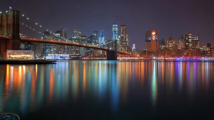Obraz premium Night Cityscape: Stunning City Lights Reflection Wallpaper