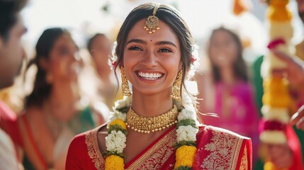 Beautiful south asian bride wearing traditional red saree and gold jewelry, happily smiles during her wedding ceremony, surrounded by vibrant yellow flowers and celebrating guests
