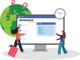 Traveler insurance concept. Agent or salesman give full cover travel insurance. Safety travel, woman tourist with passport, tickets and suitcase. Female passenger thinking about assurance. flat vector