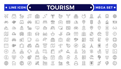 Travel and tourism outline icon set. Airplane, trip, beach, passport, summer vacations, luggage, camping, hotel. Collection of traveling and tourism elements. © artshuvo