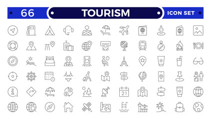 Travel and tourism outline icon set. Airplane, trip, beach, passport, summer vacations, luggage, camping, hotel. Collection of traveling and tourism elements.