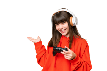 Little caucasian girl playing with a video game controller over isolated background extending hands to the side for inviting to come