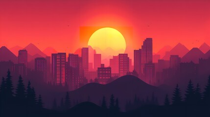 Fototapeta premium A stylized horizontal setting with houses&nbsp;hills&nbsp;and sun&nbsp;is depicted in this basic&nbsp;sleek geometric flat art depiction of&nbsp;town hue, Generative AI.