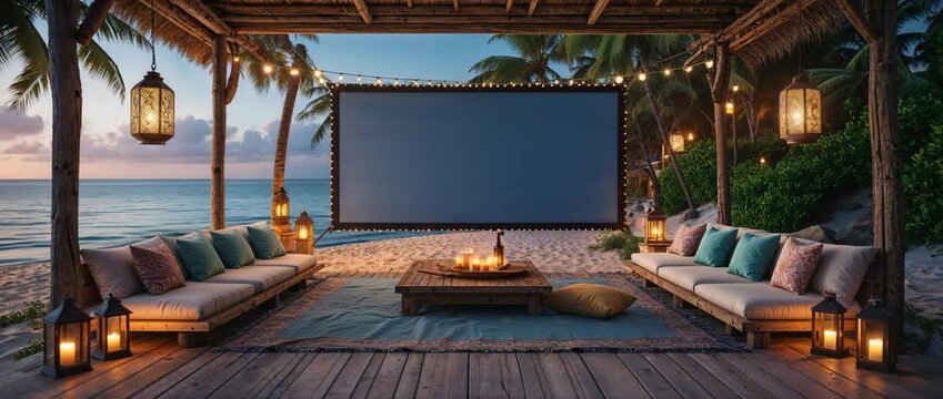 Relaxing beachside cinema scene with cozy lounges lanterns and a large screen displaying a cinematic experience
