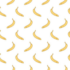 repeated yellow bananas on white background, fruit seamless pattern background design