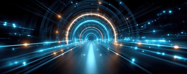 Investment capital forecasting concept. Futuristic tunnel with blue neon lights and glowing lines, creating a sense of speed and digital technology.