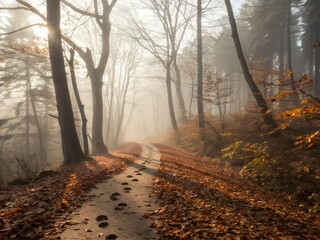 Obraz premium Misty autumn forest path with scattered leaves and footprints on a foggy morning. Tranquil woodland scene ideal for seasonal, nature, and hiking themes. Captures serene atmosphere and soft light.