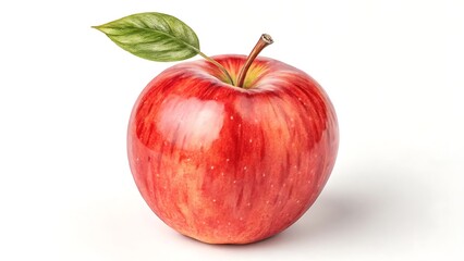 A single red apple with a green leaf attached to the stem on a plain white background studio shot view