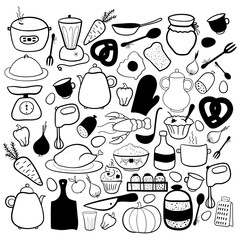 Fast food cooking utensils outline doodle vecto