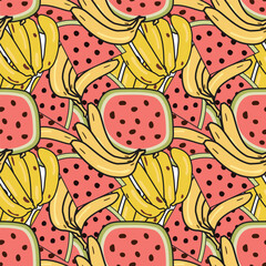 banana and watermelons repeated pattern background design, vector seamless pattern of fruits