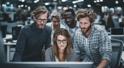 Group of colleagues people working together. Expert teamwork brainstorm, discussion, analysis in front of computer.