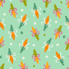 Seamless pattern with carrots and bows. Vector graphics.