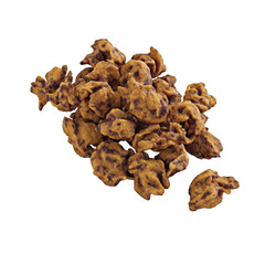 A small pile of tasty chocolate covered dried fruit pieces is isolated on a white background, inviting a closer look at its sweet and chewy texture and flavor.