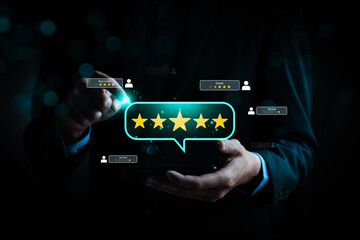 Customer review and online rating concept with businessman giving five-star feedback on digital...