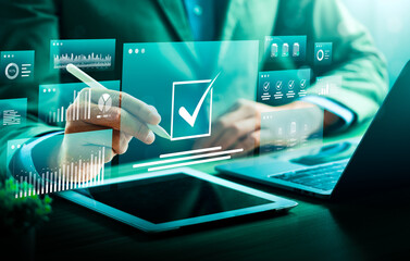Digital approval and task management with futuristic interface. Businessman using stylus on tablet to complete checklist, analyze data on smart dashboard. Concept of workflow automation, e-signature.