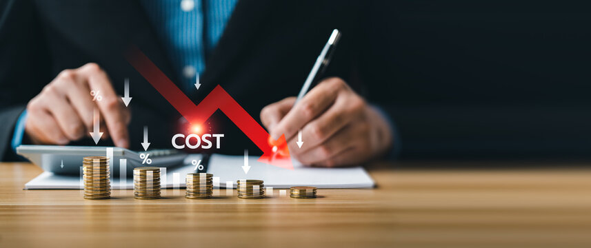 Business cost reduction strategy concept with stacked coins and red downward arrow, showing financial management, percentage decrease, budgeting, expense control, and company savings improvement