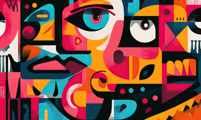 Colorful abstract geometric street art mural with stylized human faces overlapping flat vector illustration vibrant urban expression