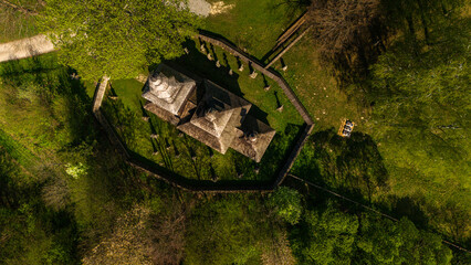Aerial drone view of Orthodox church of Saint Cosmas and Saint Damian in Kotan, Poland.