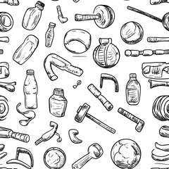 Hand Drawn Fitness Equipment Seamless Pattern with Dumbbells Water Bottles Medicine Balls and Resistance Bands for Gym and Workout Background Design