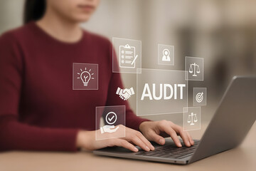 Audit compliance and accounting process review with woman using laptop for financial audit task