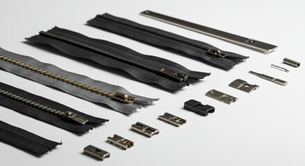 Zipper components display neatly on seamless plain surface revealing assembly parts