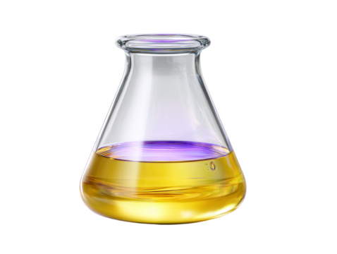 Isolated laboratory flask with yellow liquid and light purple vapor representing chemical reaction, science experiment, or pharmaceutical research concept on white backdrop.